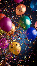 Vibrant Balloons Burst Through Rainbow Confetti Celebration.