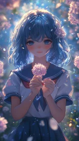 Soft blue haired girl quietly holding blossoms in gentle light