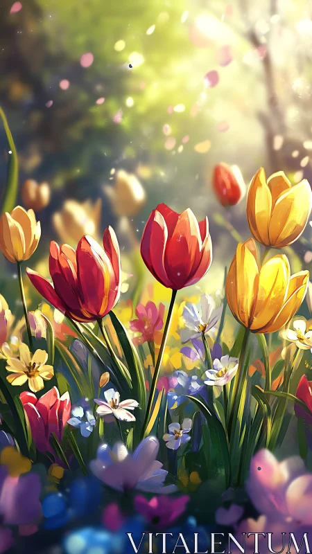 Radiant tulips and wildflowers dancing in golden spring light.