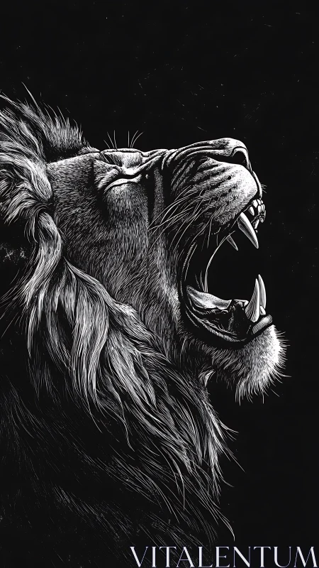 Monochrome profile study of roaring lion with exposed canines.