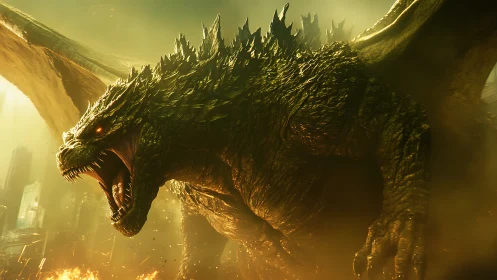 Cinematic dragon kaiju rendered in molten backlit 3D realism.