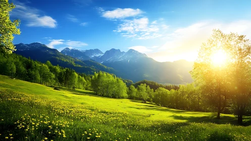 Sunlit alpine meadow unfolds beneath distant snowy peaks.