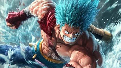 Turbulent blue‑haired brawler punching through ocean fury.