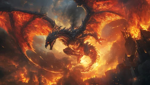 Winged dragon over burning city in dense firestorm.