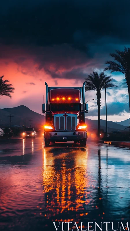 Semi truck glows on wet highway at dramatic sunset storm.