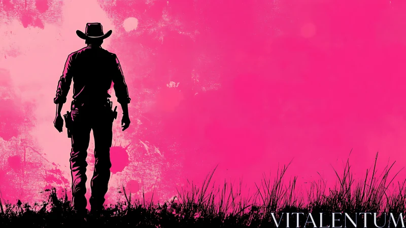 Silhouetted gunslinger contour on saturated magenta frontier.