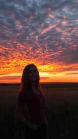 Backlit portrait silhouette under dense altocumulus sunset field