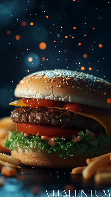 Burger comet hovers in bokeh starlight, guarding its fries