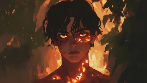 Fiery-eyed youth amid burning shadows and embered skin.