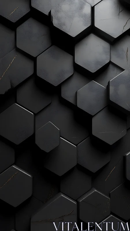 Layered black hexagon wall with subtle gold accents.