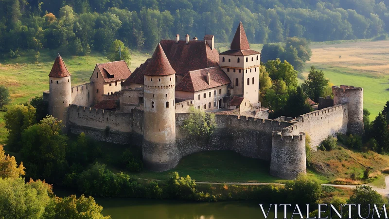 Medieval stone castle overlooks river and dense forest
