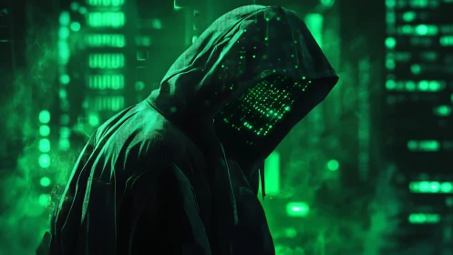 Hooded cyber entity with matrix-like LED faceplate in neon data haze