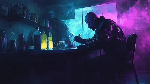 Moody neon scientist lost in late night laboratory work.