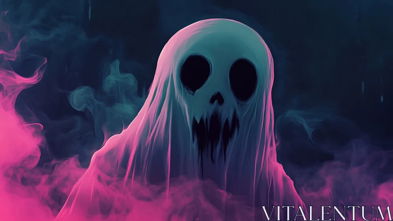 Neon shrouded spectral figure in pink fog with hollow eyes
