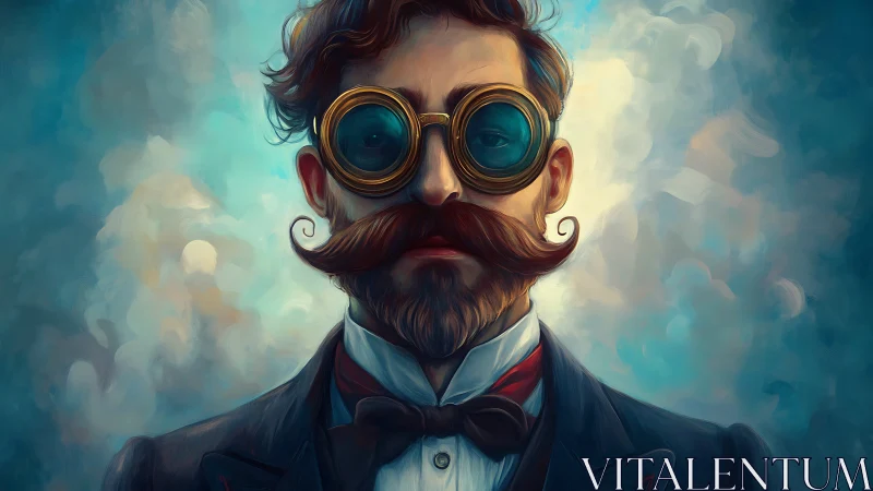 Portrait of man with steampunk goggles and styled mustache.