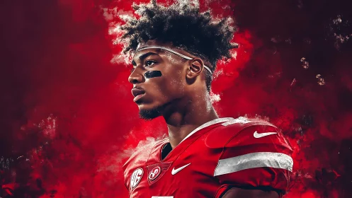 Focused football player set against dramatic red energy storm.