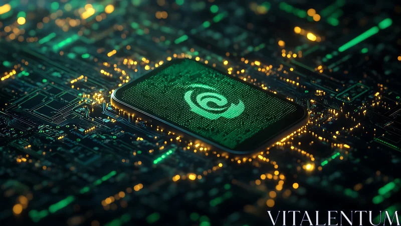 Neon chipset cradle for swirling quantum data emblem glow.