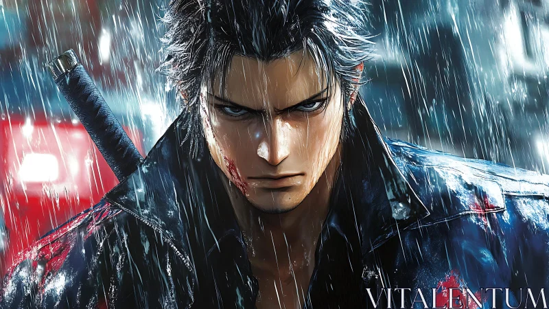 Male character stands in heavy rain with sword on back