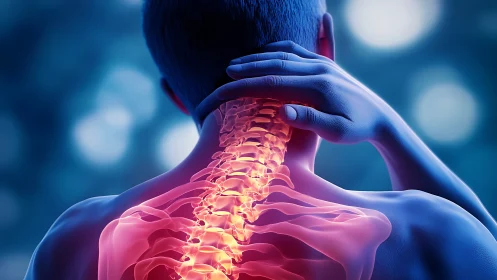 Human neck and spine highlighted to illustrate intense pain