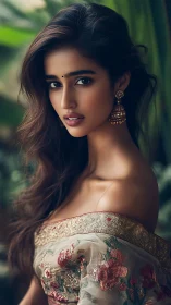 Portrait shows woman in embroidered sari with soft lighting