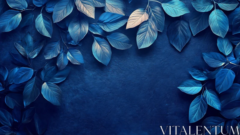 Deep blue foliage frames a tranquil, moody backdrop