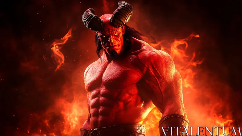 Hellfire demon warlord in infernal flames, muscular torso lit