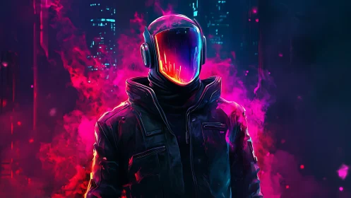 Neon city drifter wrapped in glowing cyberpunk storms.