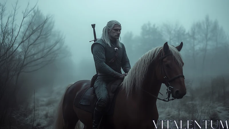 Silver-haired warrior rides through mist-shrouded forest at dawn.