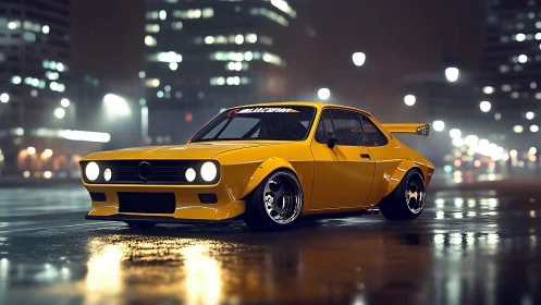 Widebody yellow drift car rendered in wet night city scene