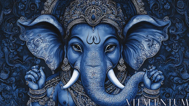 Blue elephant deity portrait with ornate decorative details.