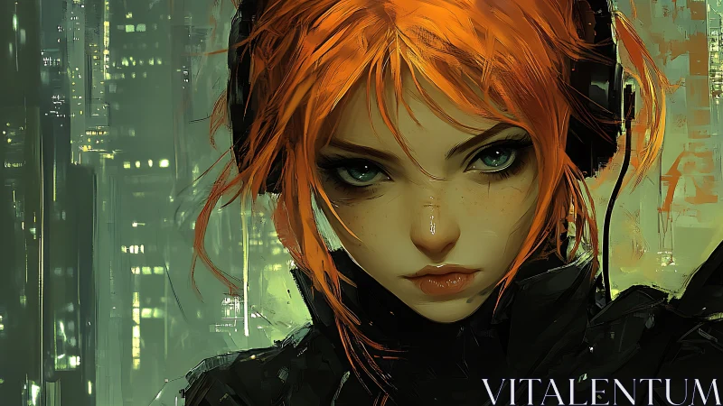 Fierce red‑haired hacker gazes out over neon city nights