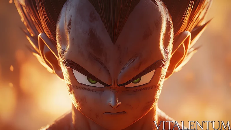 Intense close-up of stern anime warrior in fiery light.