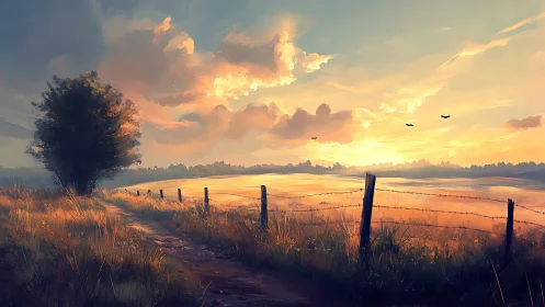 Sunlit rural dirt road beside barbed wire pasture at dusk