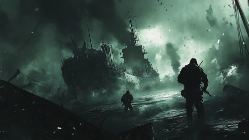 Storm-swept naval assault with infantry silhouettes advancing.