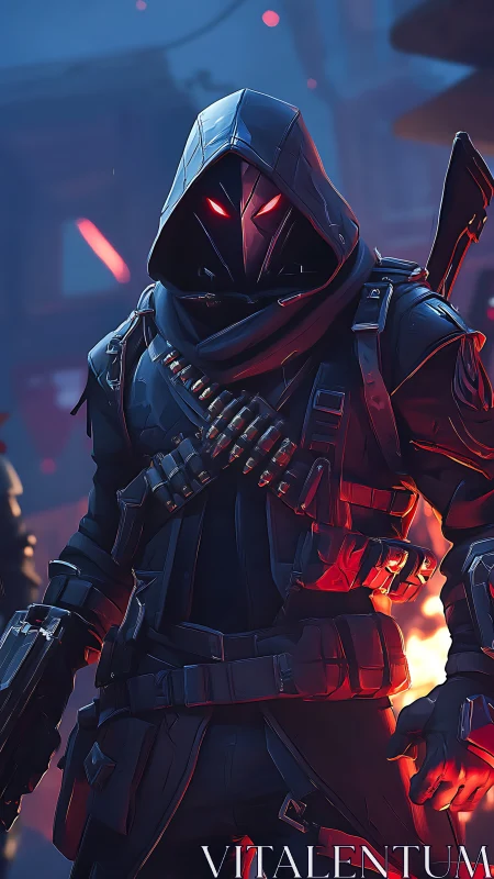 Hooded ballistic operative with red-luminous visor in flames.