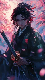 Samurai swordsman under sakura bloom with dramatic rim lighting