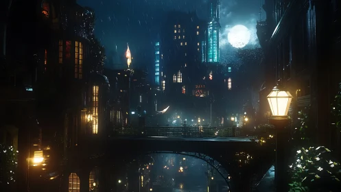 Rain-soaked steampunk city glows under bright full moon