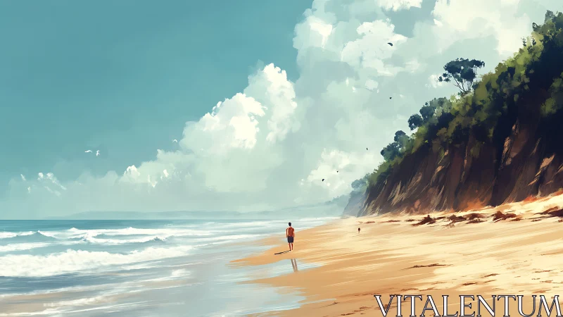 Solitary beach wanderer traces quiet tides beneath cliffs