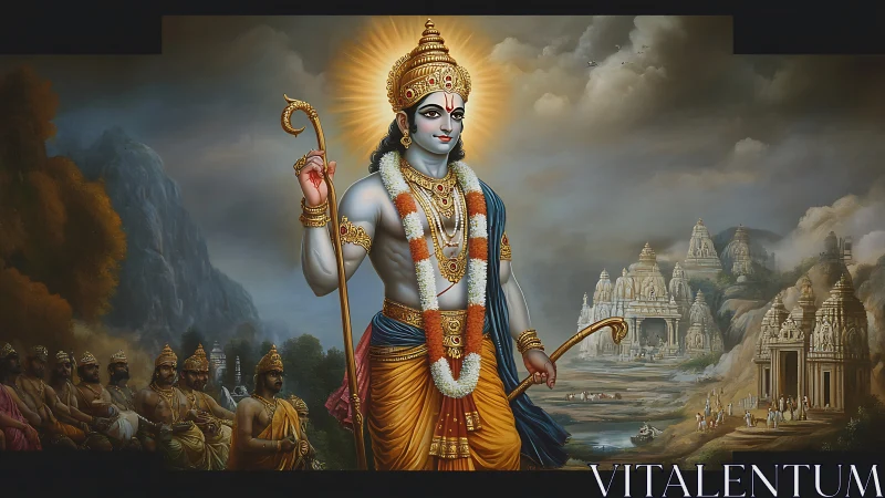 Divine warrior deity stands before temples in atmospheric landscape