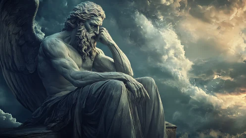 Brooding stone angel resting quietly among stormlit clouds.