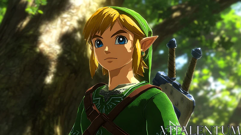 Heroic elf warrior poised beneath luminous forest canopy.