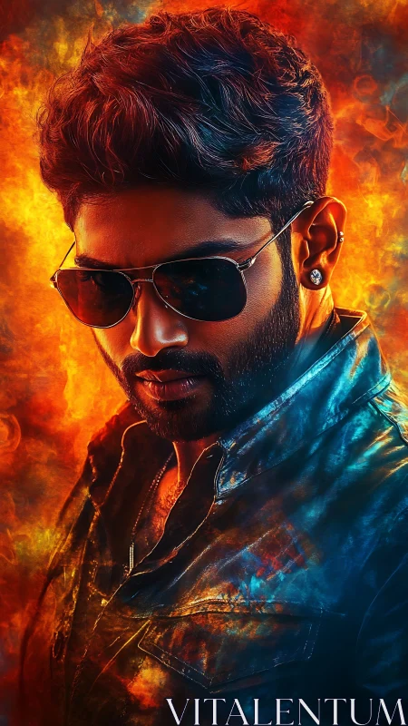 Stylized male portrait in sunglasses against fiery backdrop.
