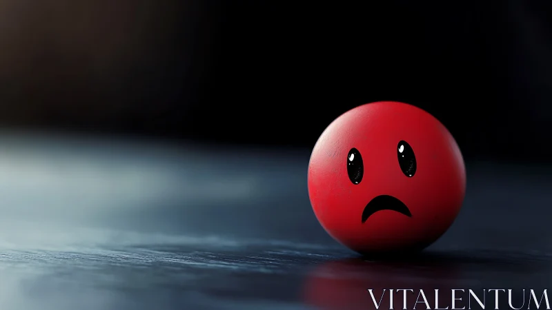 Red sad emoticon sphere rests in dramatic low key lighting