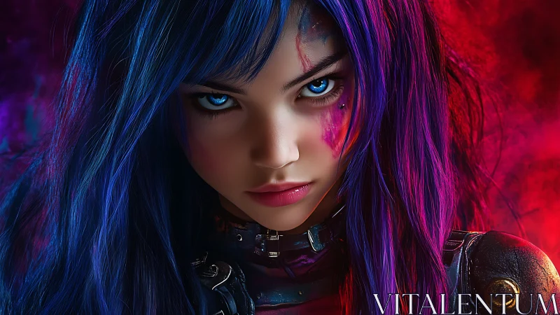 Cyberpunk portrait with neon-dual hair and intense gaze focus.