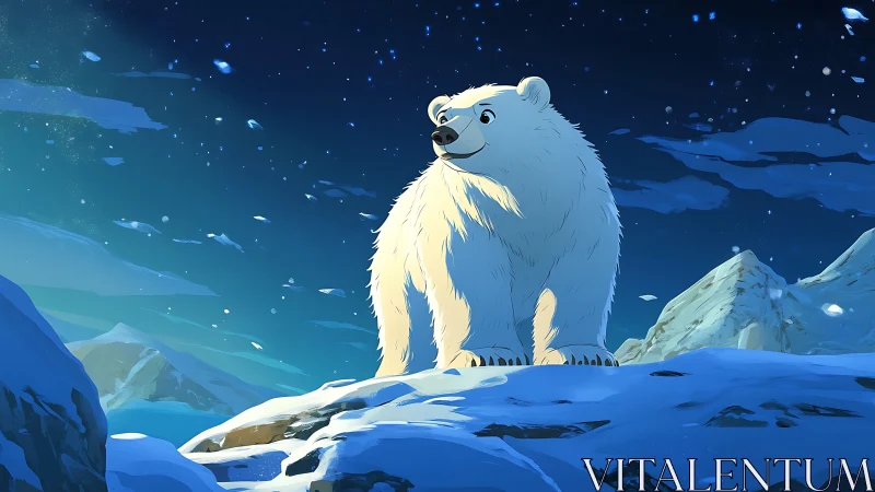 Heroic polar bear atop moonlit Arctic ridge at night.