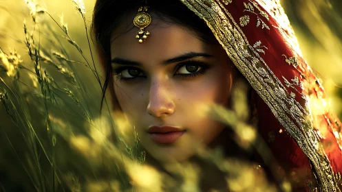 Woman in red embroidered veil looks through sunlit grass