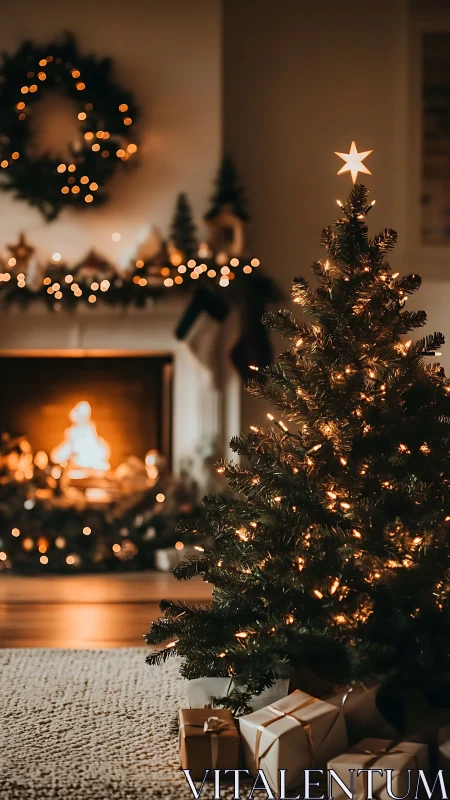 Cozy Christmas tree glow beside a warmly crackling fireplace.
