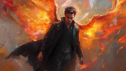 Fiery winged antihero strides through swirling inferno sky