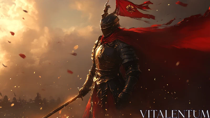 Armored warrior with red banner in dusk battlefield scene.