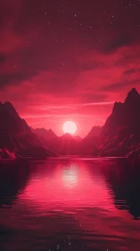 Crimson sunset over stylized mountains and reflective lake.